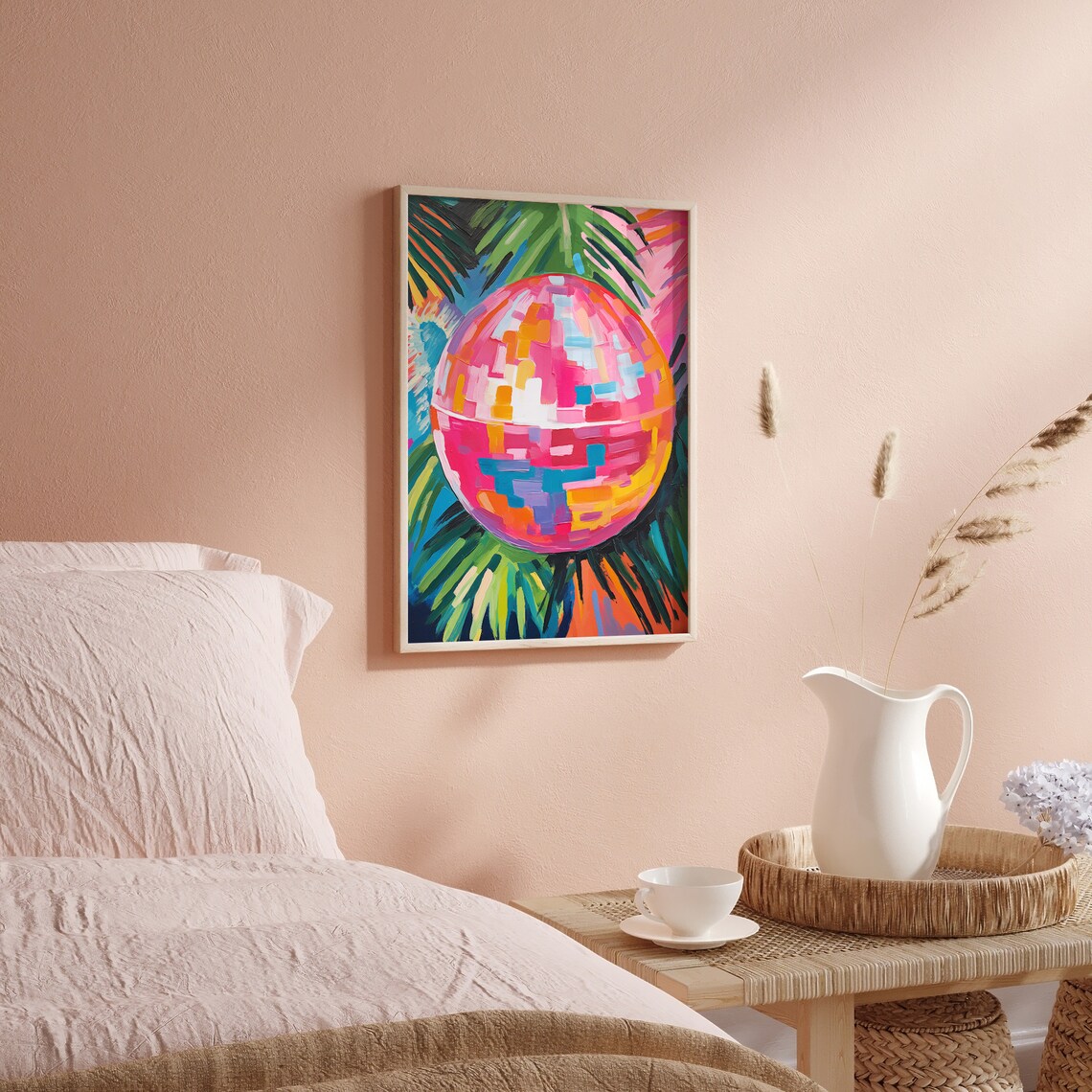 Colorful Pink Disco Ball Oil Painting With Tropical Palm Leaves Poster - Image 4