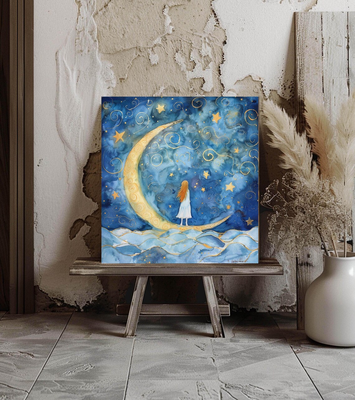 Moon And Girl, Dreamy Cosmic Night Sky Art Print - Image 2