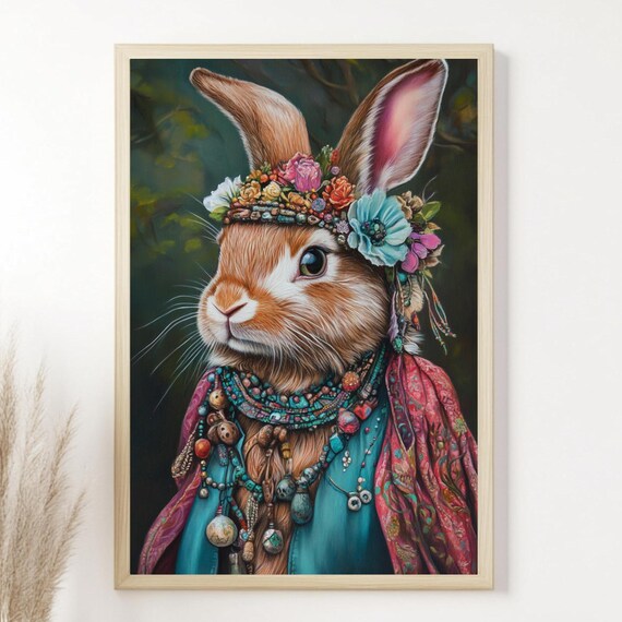 Bohemian Bunny Boho Art Print, Whimsical Decor