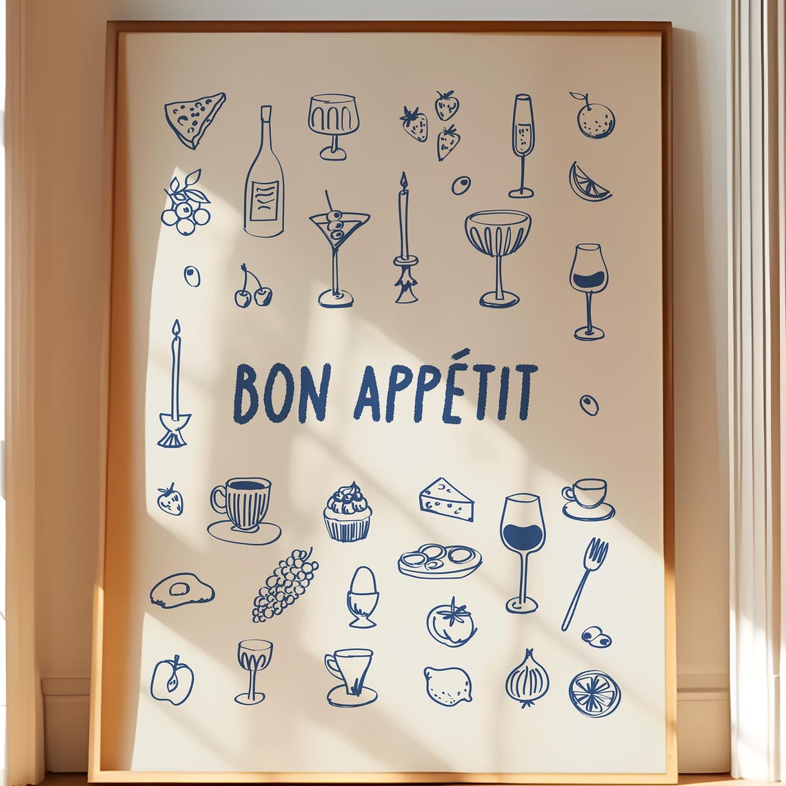 Bon Appetit Navy Hand Drawn French Bistro Kitchen Illustration Poster