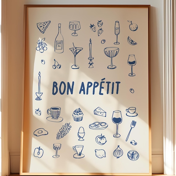 Bon Appetit Navy Hand Drawn French Bistro Kitchen Illustration Poster