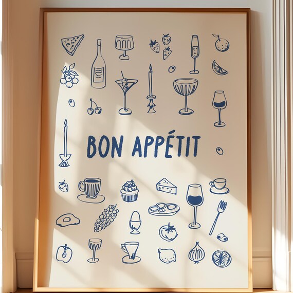 Bon Apptit Poster Handdrawn Navy Blue Illustration French Bistro Kitchen Wall Art Cafe Dining Decor Printable Food And Drink Sketch