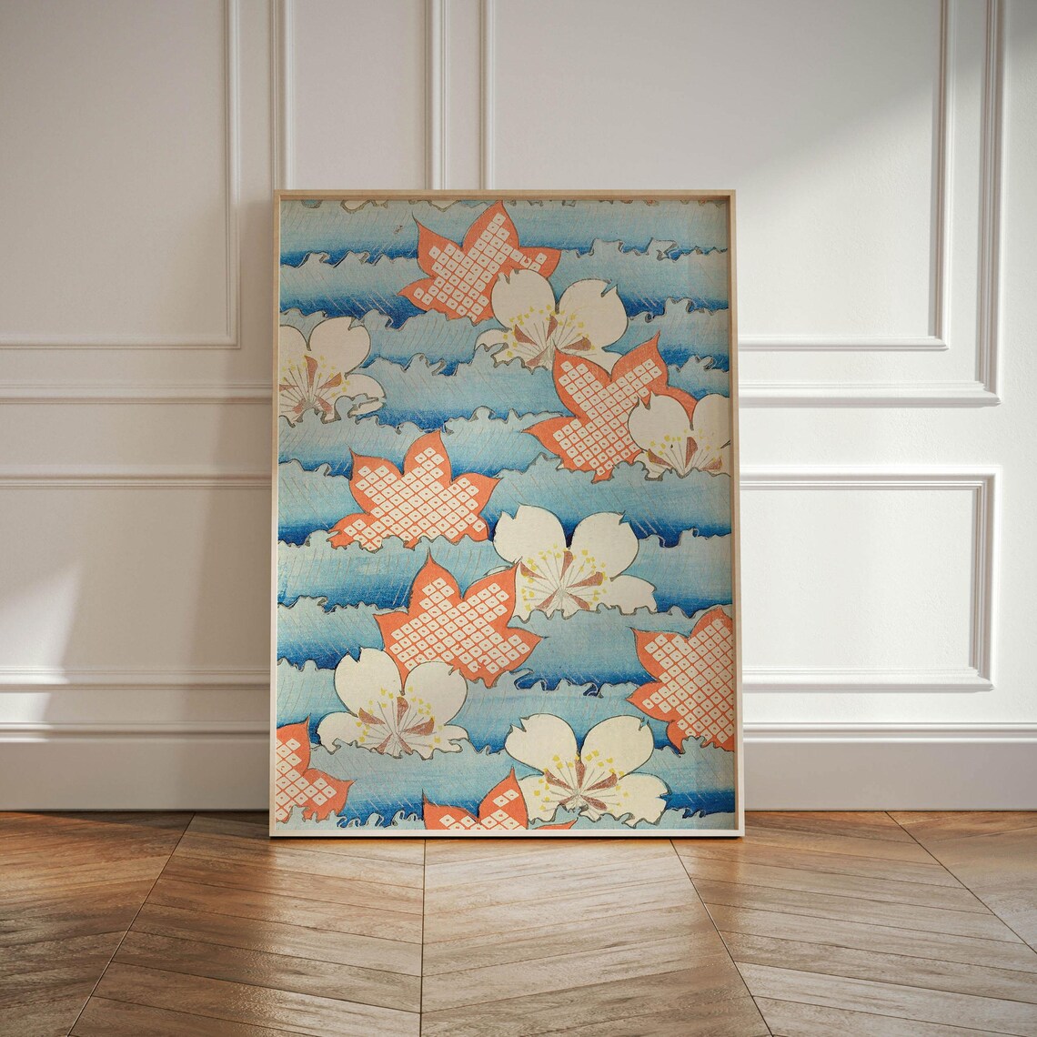 Japanese Woodblock Maple Leaves and Blossoms Blue Wave Poster - Image 3