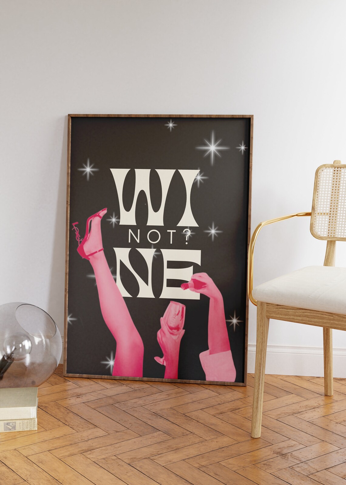 Wine Not Retro Pink Black Wine Glasses Glam Sparkle Bar Poster - Image 2