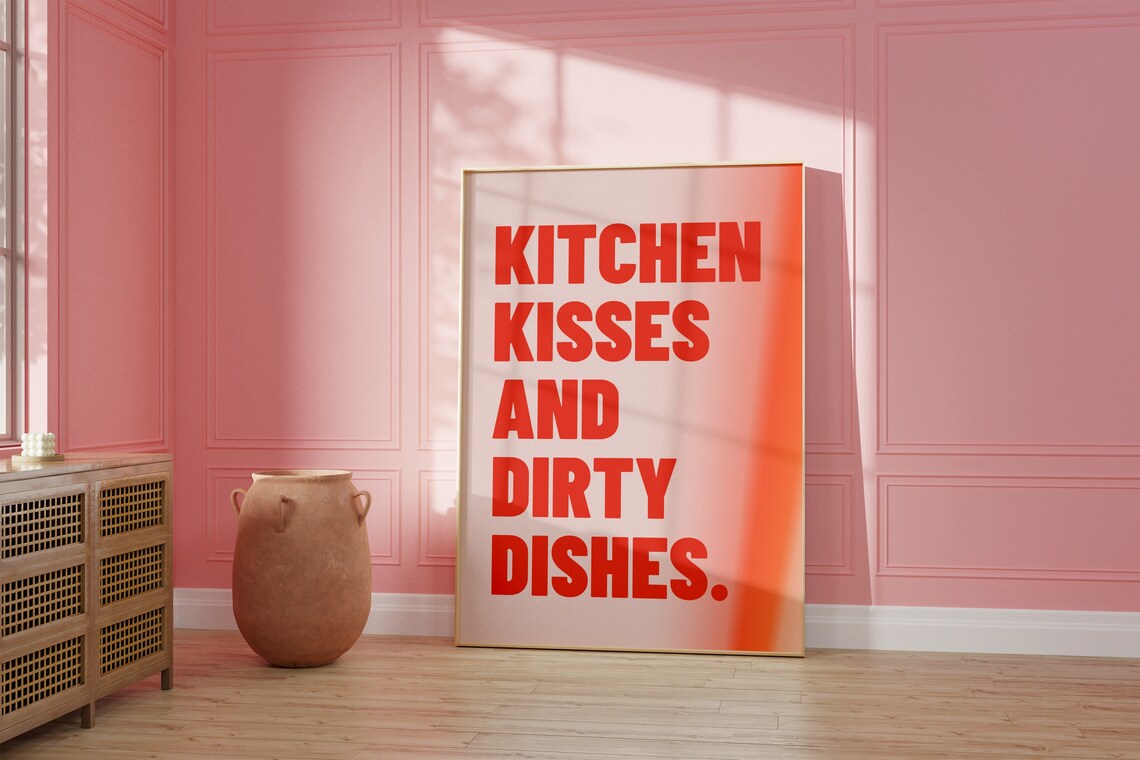 Funny Kitchen Kisses And Dirty Dishes Bold Red Typography Poster - Image 2