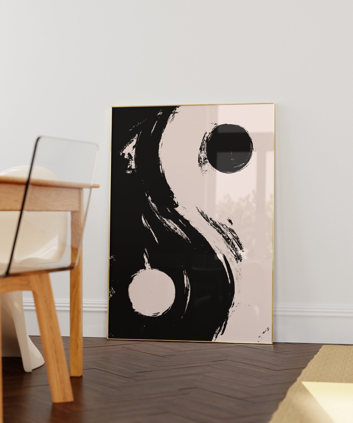 Yin Yang Brushstroke Black Cream Zen Abstract Spiritual Art Poster - Image 2