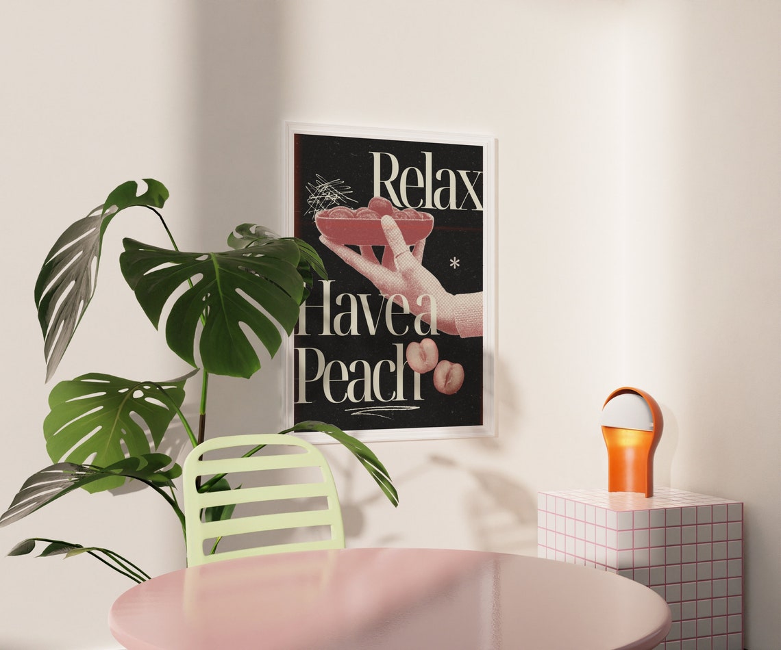 Relax Have A Peach Retro Black Kitchen Fruit Typography Quote Poster - Image 3