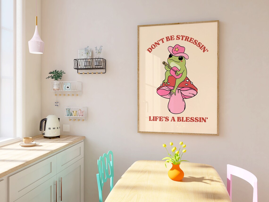 Dont Be Stressin Lifes A Blessin Cowboy Frog Mushroom Retro Poster - Image 2