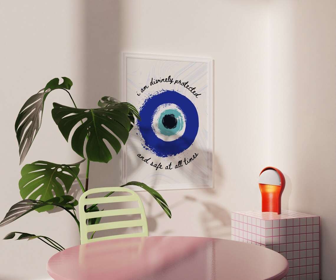 Divinely Protected Evil Eye Blue Watercolor Protection Art Poster - Image 3