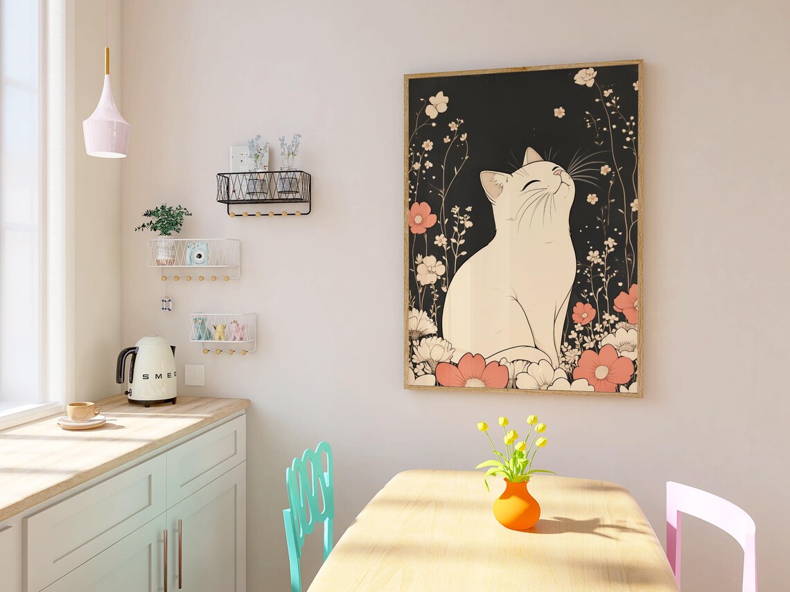 White Cat In Japanese Floral Art Print, Cute Anime