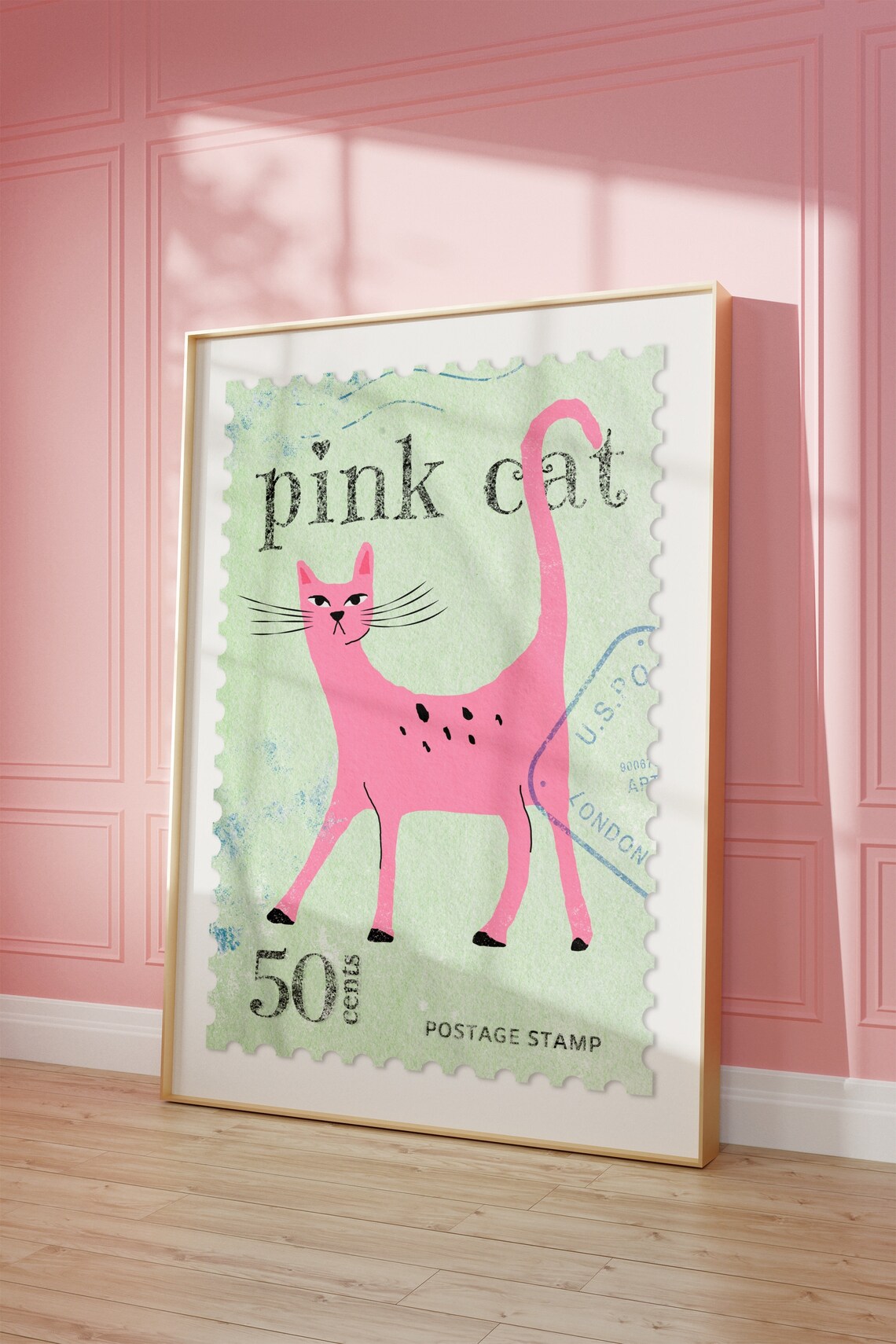 Pink Cat Postage Stamp 50 Cents Vintage Mint Green Art Poster - Image 2