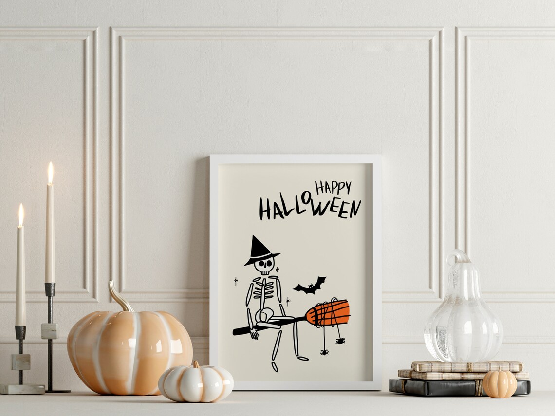 Happy Halloween Skeleton Witch Broom Cute Retro Spooky Art Poster - Image 3