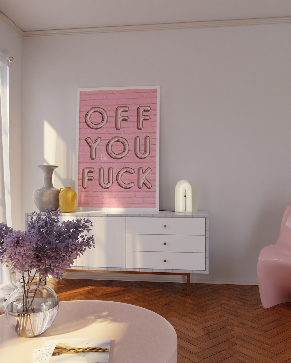 Off You Fuck Chrome Balloon Letters Pink Brick Bold Quote Poster - Image 3