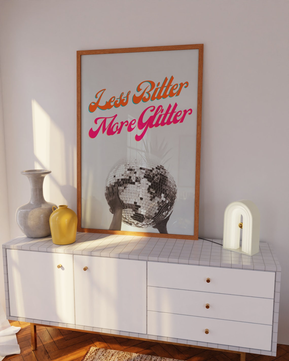 Less Bitter More Glitter Disco Ball Retro Script Typography Poster - Image 2