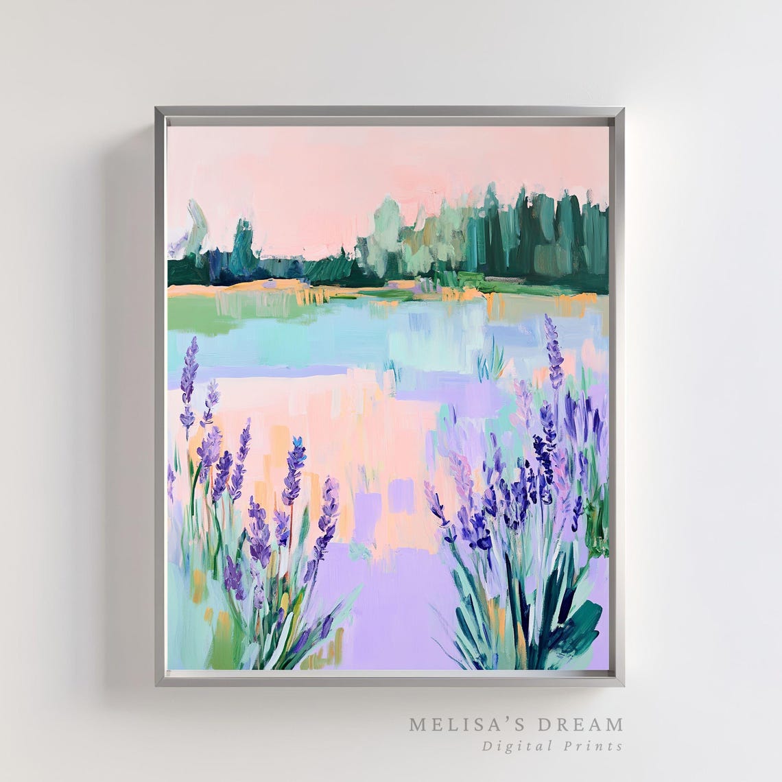 Lavender Field Pastel Lake Impressionist Purple Landscape Poster