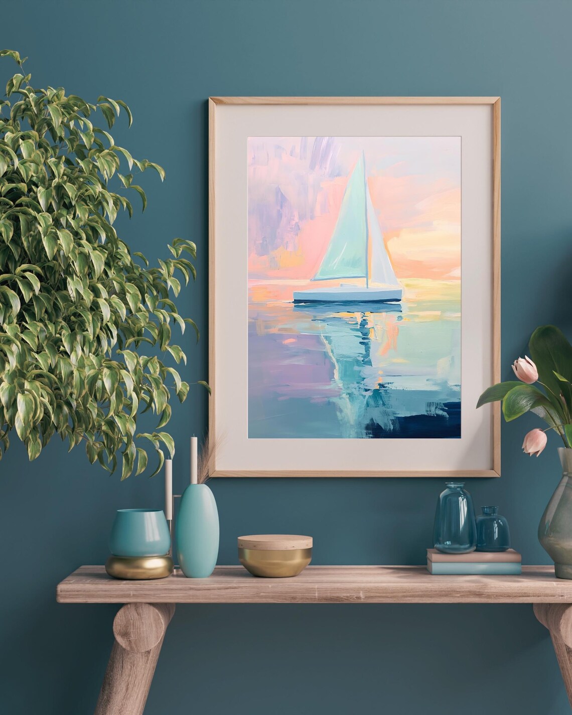 Abstract Ocean Paint Pastel Sailboat, Coastal Art - Image 5