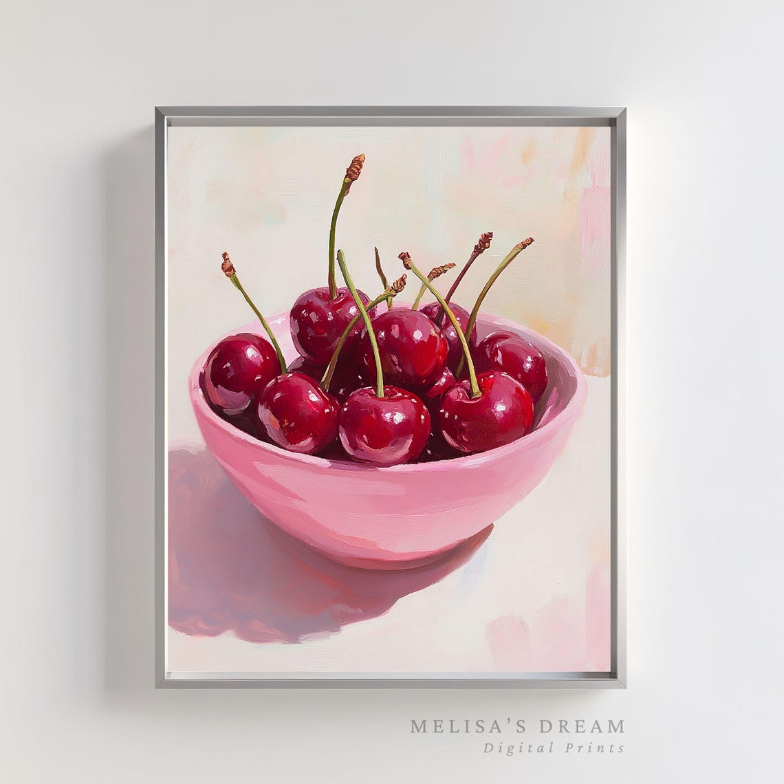 Cherry Bowl Still Life Art Print Red Cherries in a Pink Ceramic Bowl