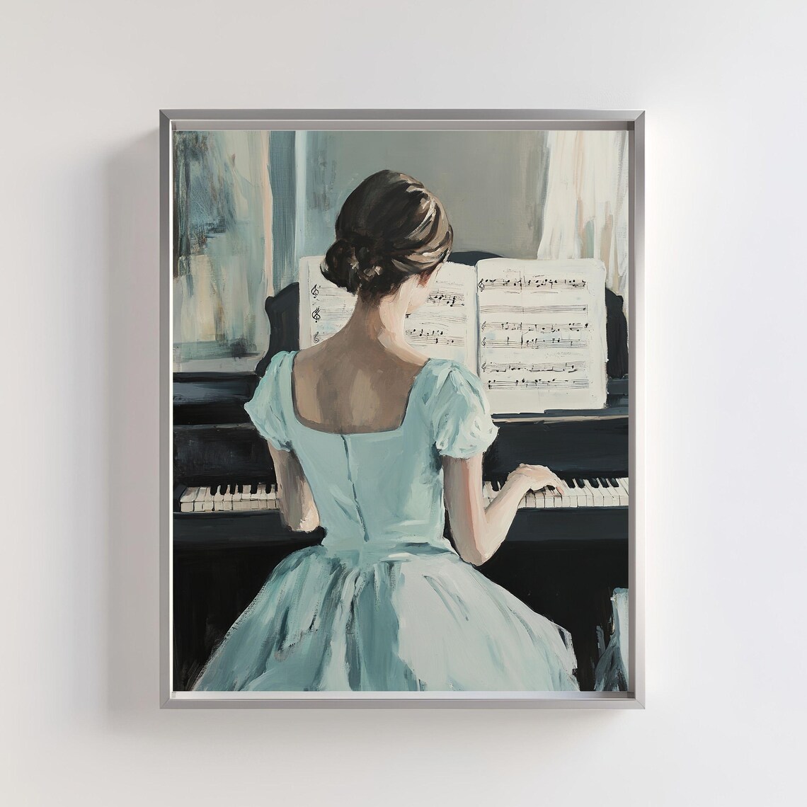 Elegant Woman In Blue Dress Playing Piano Romantic Music Art Poster