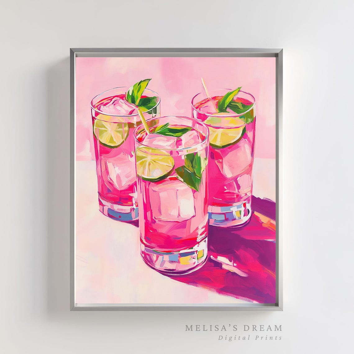 Three Tall Pink Cocktails With Lime Mint Summer Bar Cart Poster