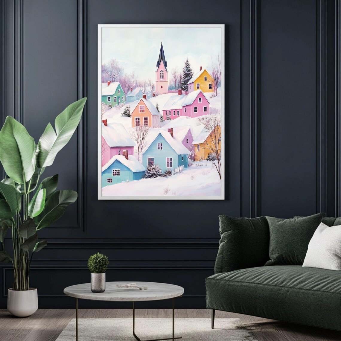 Pastel Snowy Village With Colorful Houses Scandinavian Winter Poster - Image 3