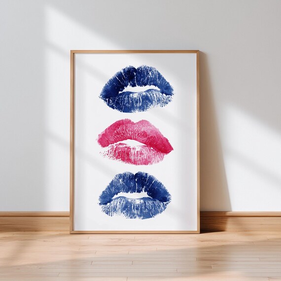 Blue Leopard Lip Print Wall Art Trio Modern Pop 8 Ball Watercolor Abstract Home Decor Set