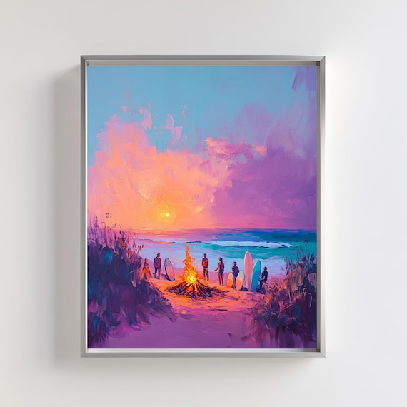 Beach Bonfire At Sunset With Surfers Vibrant Coastal Art Poster