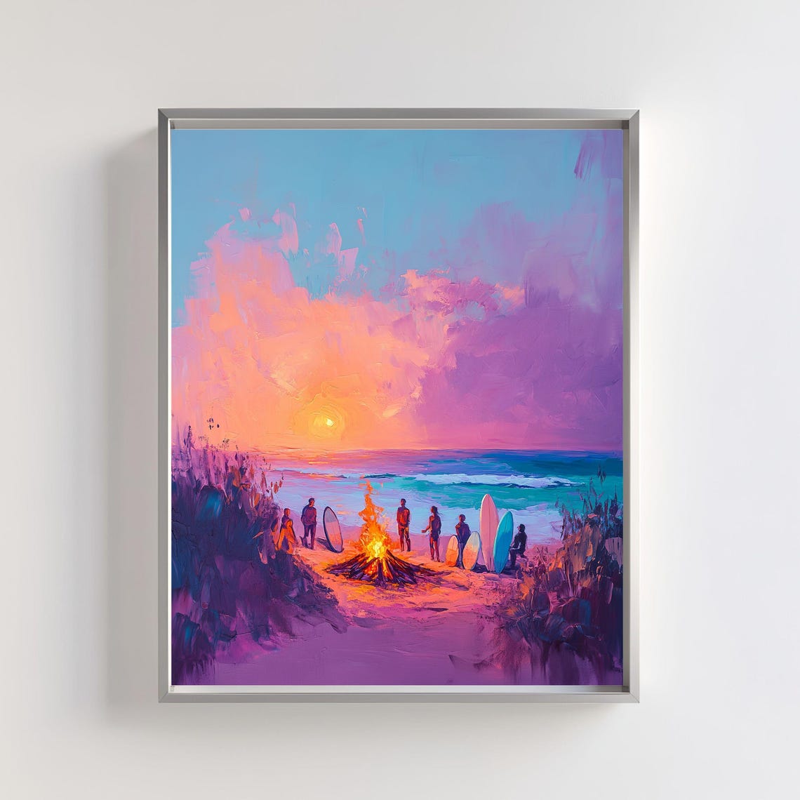 Beach Bonfire At Sunset With Surfers Vibrant Coastal Art Poster
