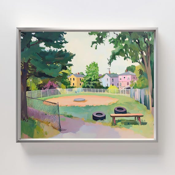 Neighborhood Baseball Field Park Art Suburban Baseball Backyard Scene Vintage Playground Decor Urban Landscape Illustration