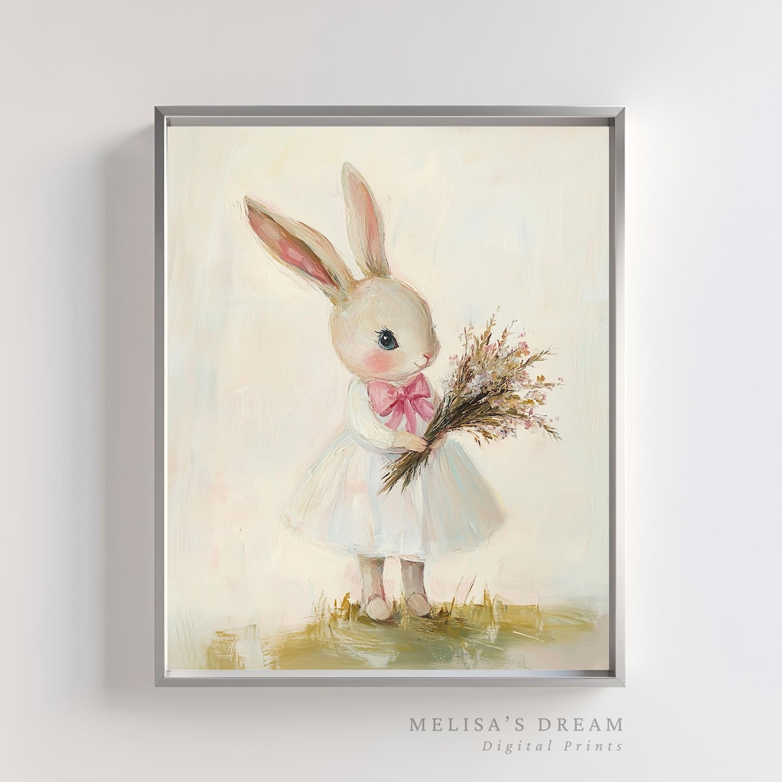 Sweet Bunny Girl in White Dress Holding Flower Bouquet Nursery Poster
