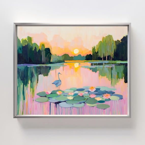 Pastel Sunset Lake Wall Art Nature Landscap Tranquil Watercolor Forest Pond Artwork