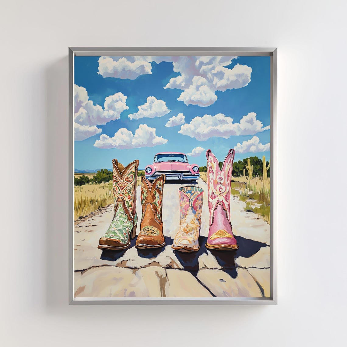 Cowboy Boots Pink Classic Car Desert Road Western Rodeo Wall Art