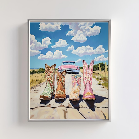 Cowboy Boots Pink Classic Car Desert Road Western Rodeo Wall Art