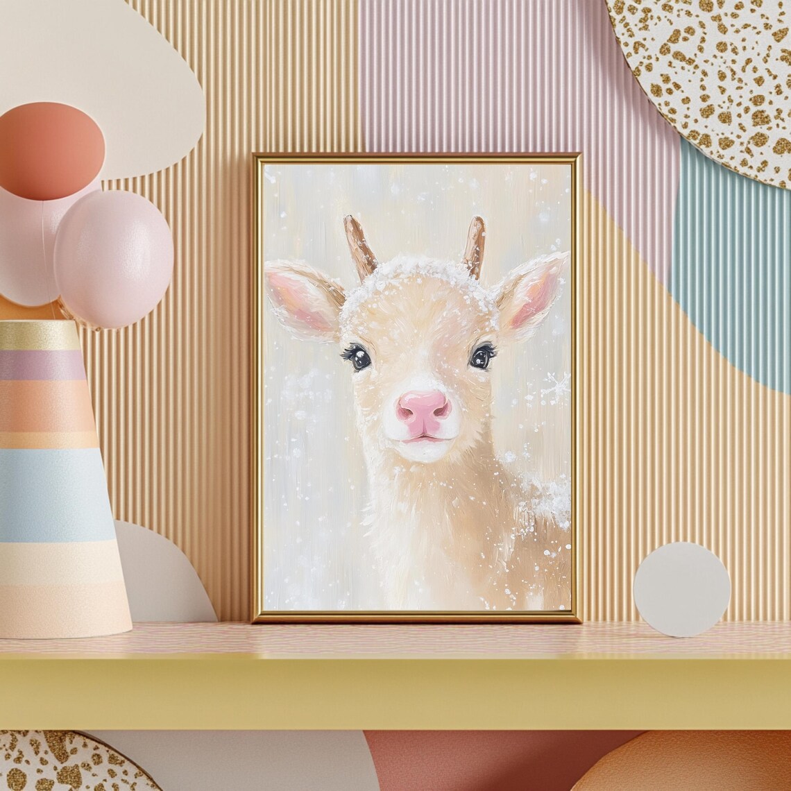 Sweet Baby Reindeer With Snowflakes Winter Deer Portrait Art Poster - Image 2
