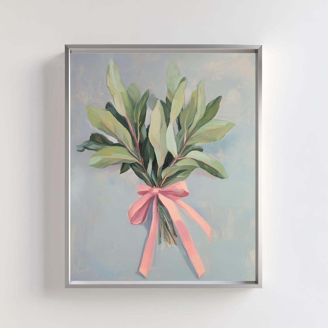 Minimalist Green Leaf Bouquet Tied With Pink Ribbon Art Poster