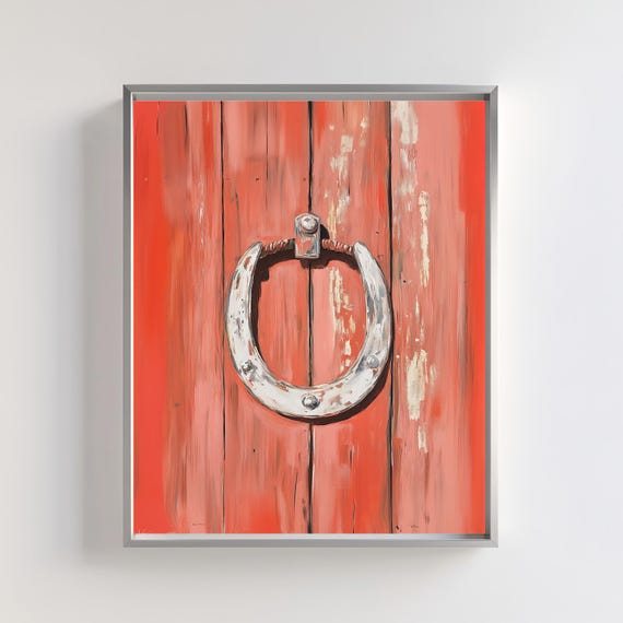 Rustic Barn Door Wall Art Red Wooden With Horseshoe Handle Country Farmhouse Western Style