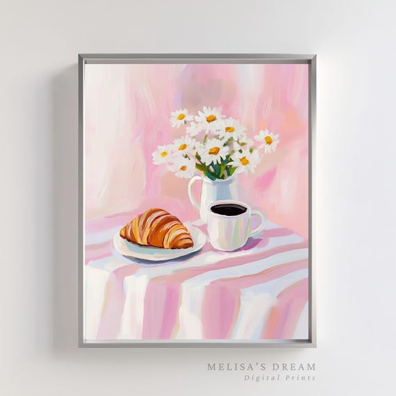 Coffee And Croissant Kitchen Wall Art Print Pink Floral Breakfast Still Life French Cafe Decor Pastel Artwork