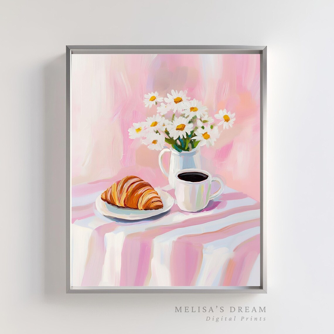 Coffee and Croissant Still Life Art Print Pink Table Setting with Daisies