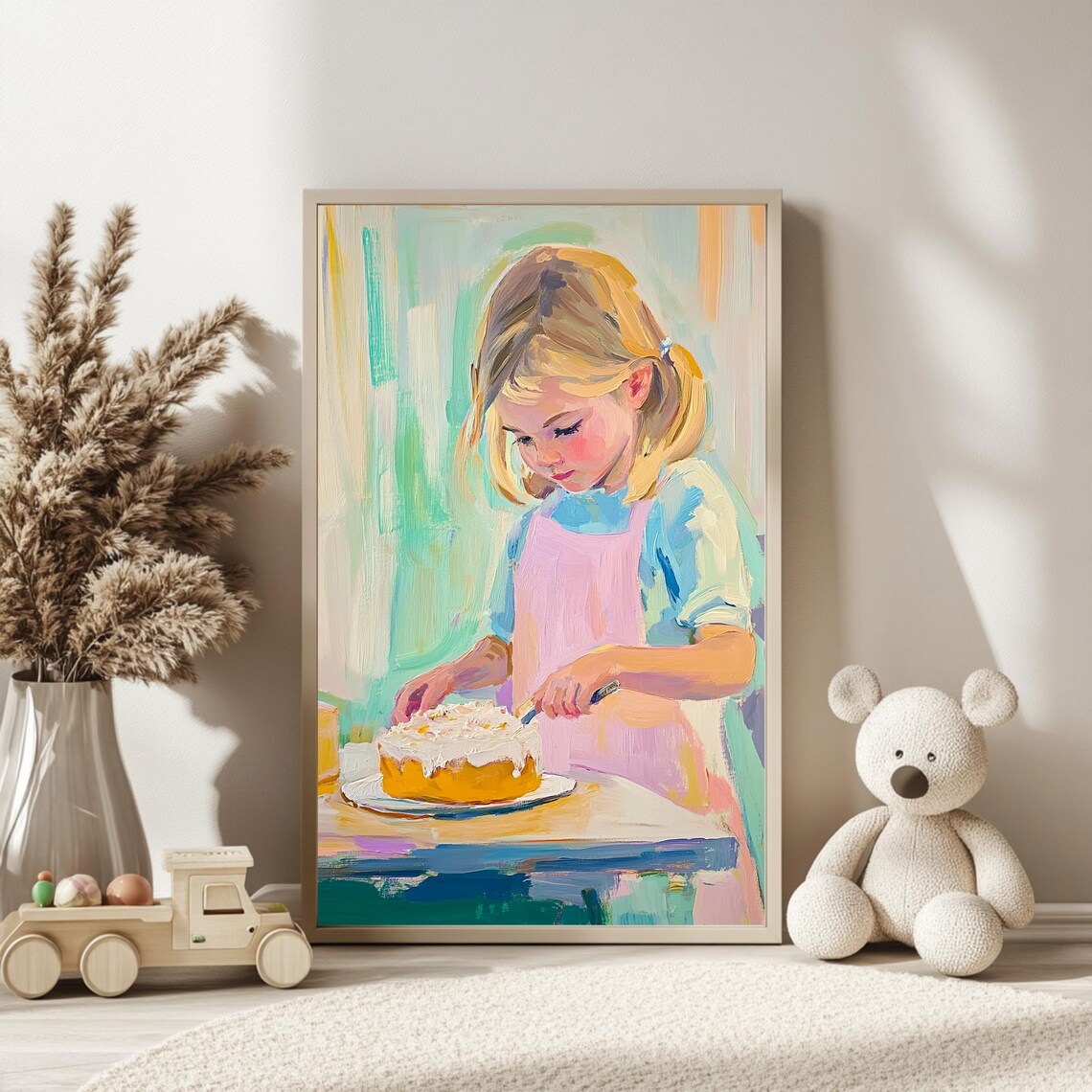 Girl Baking Art Print, Whimsical Kitchen Scene - Image 2