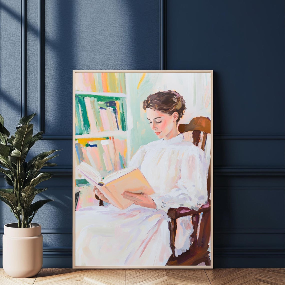 Elegant Woman Reading Book In Vintage Library Portrait Art Poster - Image 3