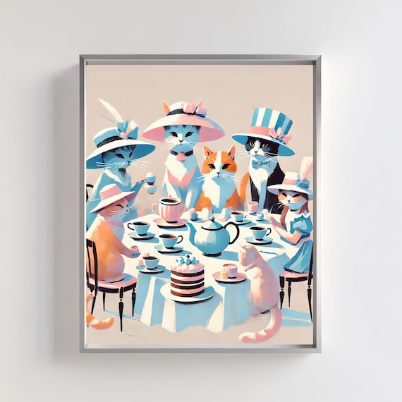 Cats Tea Party With Hats Vintage Pastel Whimsical Animal Art Poster
