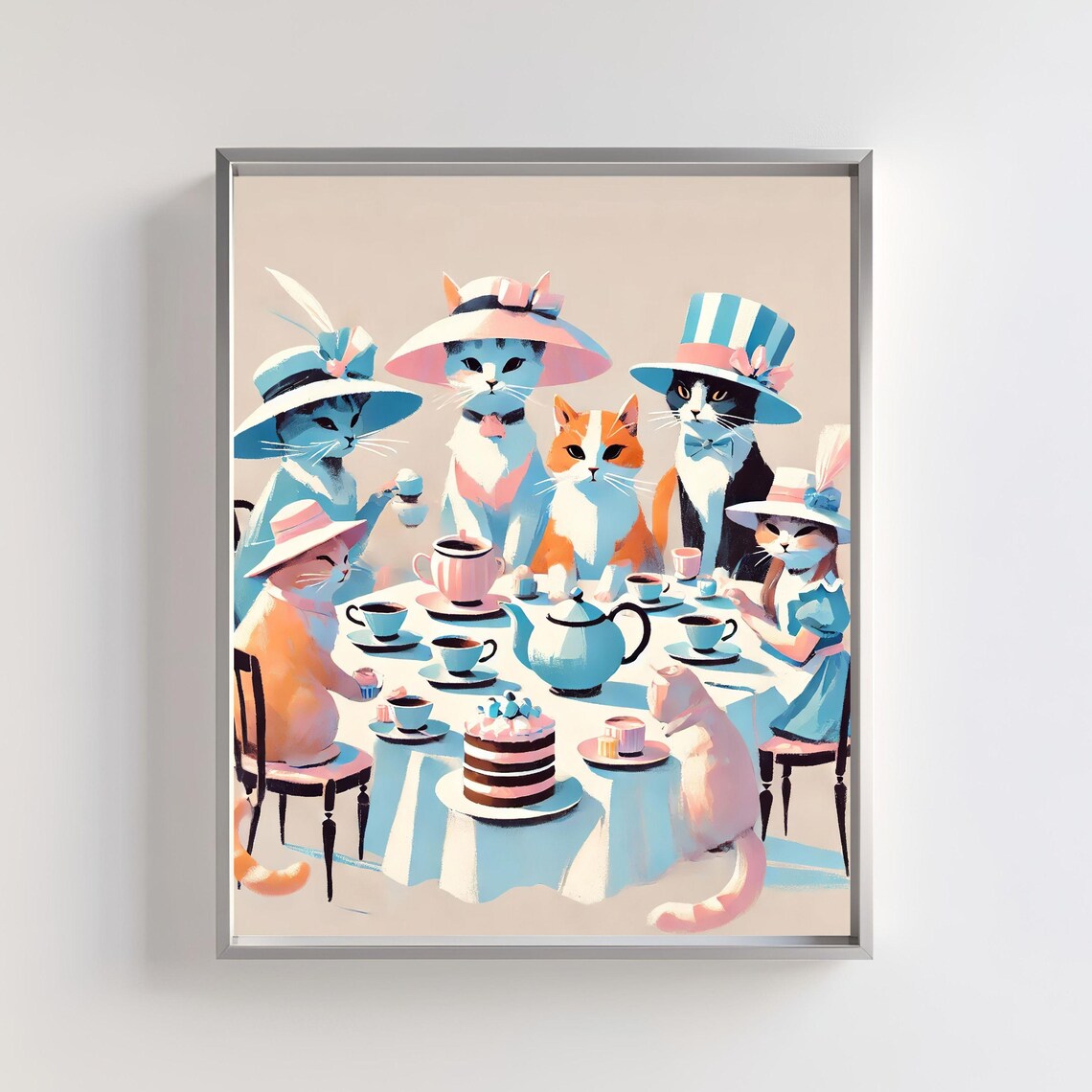 Cats Tea Party With Hats Vintage Pastel Whimsical Animal Art Poster
