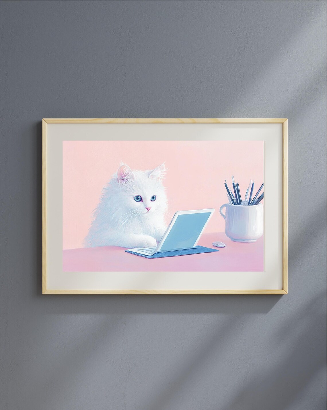 White Cat Working on Laptop Pink Home Office Desk Animal Poster - Image 2