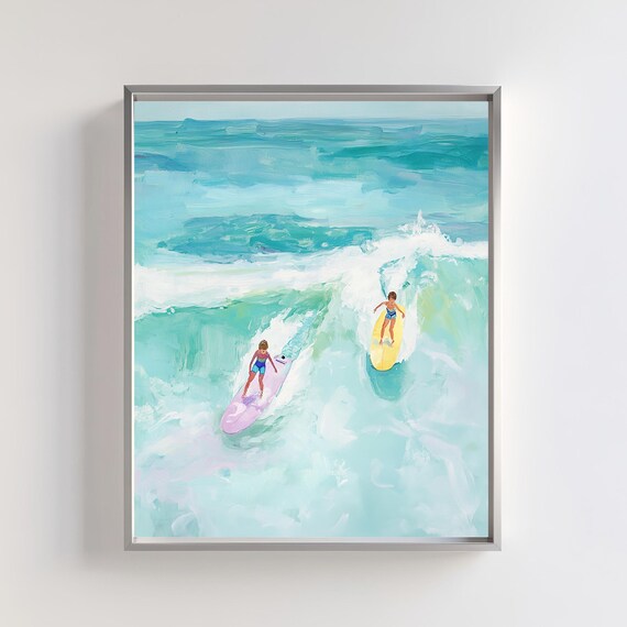 Two Kids Surfing Pastel Ocean Wave Aerial View Surf Art Print