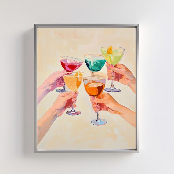 Cheers Cocktail Toast Colorful Drinks Raised Hands Party Art Poster