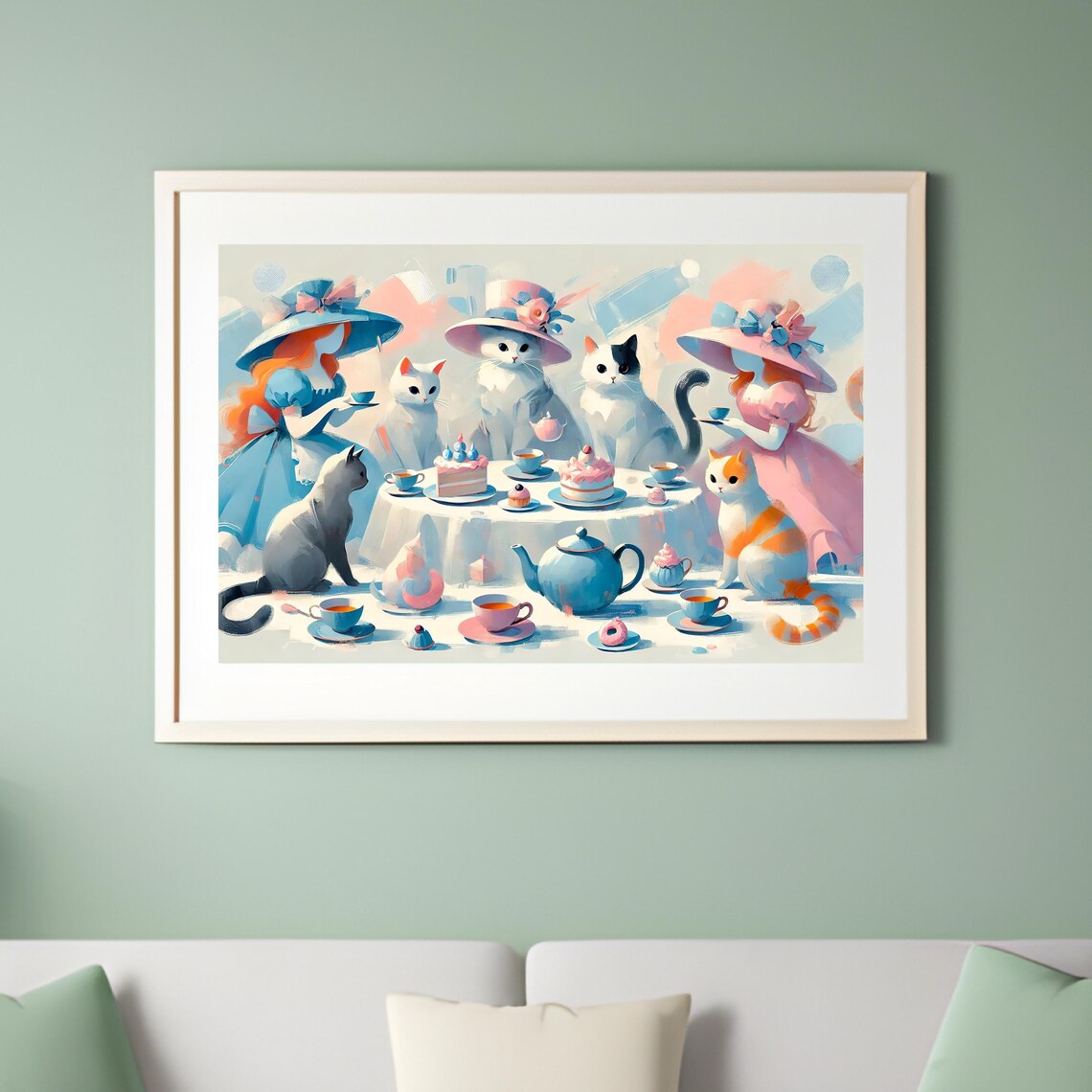 Cats Wearing Hats at a Pastel Tea Party Whimsical Animal Poster - Image 4