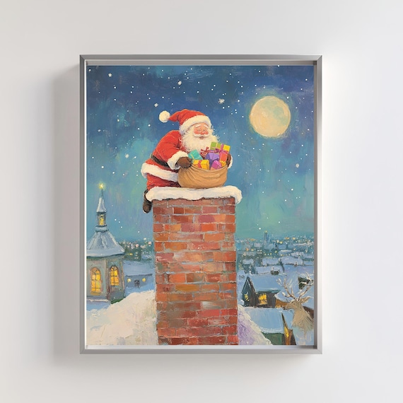 Santa Claus Sitting On Chimney Under Moonlight Night Art Poster