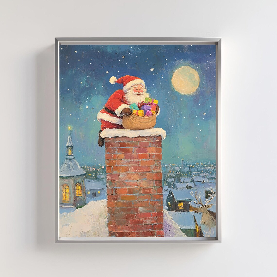 Santa Claus Sitting On Chimney Under Moonlight Night Art Poster