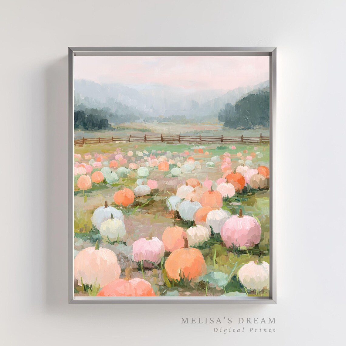 Pastel Pumpkin Field Landscape Print, Farmhouse Autumn Decor