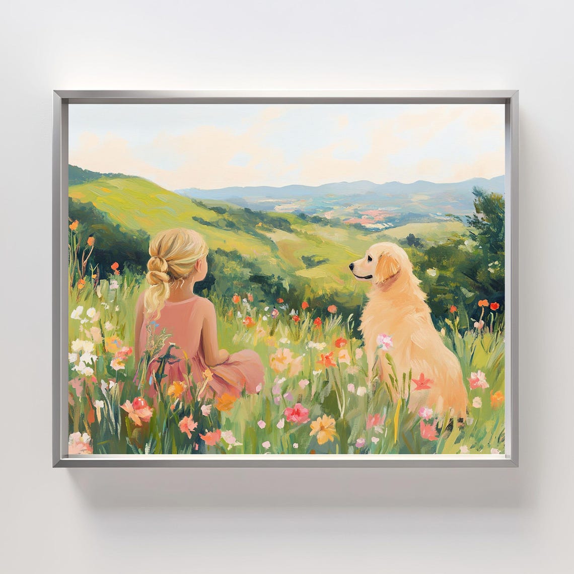 Girl And Dog In Flower Field Painting Whimsical Heaven Girly Art Countryside Colorful Wildflower Artwork Bright Retro Poster