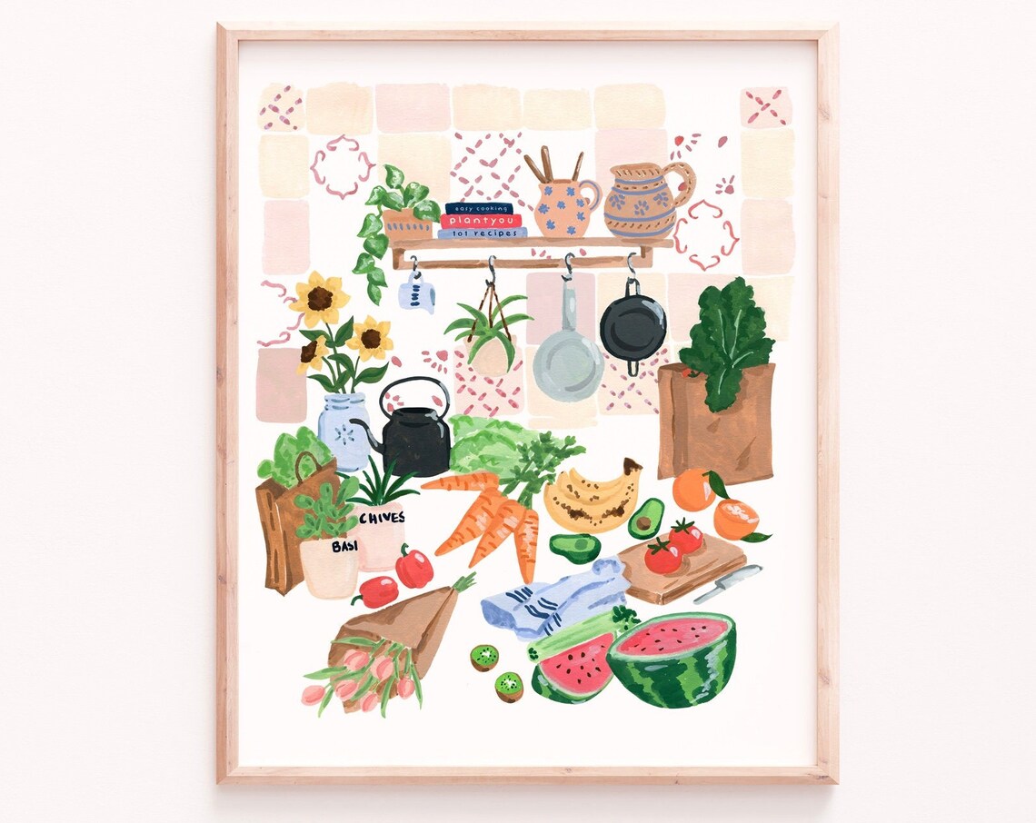Market Haul Watercolor Art Print, Kitchen Decor